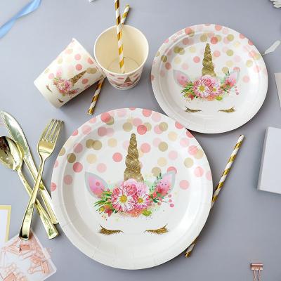 China Eco-Friendly Pink Dot Unicorn Children Birthday Party Disposable Tray Set Paper Plate Cup for sale