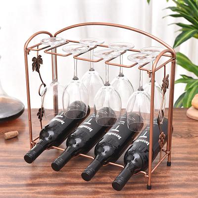 China Cabinet Viable Home Bar Decor Kitchen Wine Table Racks Hold 4 Bottles And 6 Glasses Metal Wine Rack Storage for sale