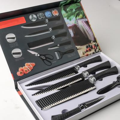 China Stocked 6pcs Kitchen Knife Set PP Handle Wavy Blade Non-Stick Stainless Steel Knife Set With EVA Magnetic Box for sale