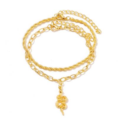 China Vintage Factory Stock 2 Pieces Alloy Pendant Chain Twist Anklet Set With Simple Retro Snake Pendant Gold Plated Foot Jewelry for sale