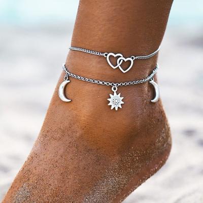 China wholesale CLASSIC Two Pieces Alloy Pendant Link Chain Set Anklet With Silver Plated Sun Moon Hearts Pendants Anklet Fashion Jewelry for sale