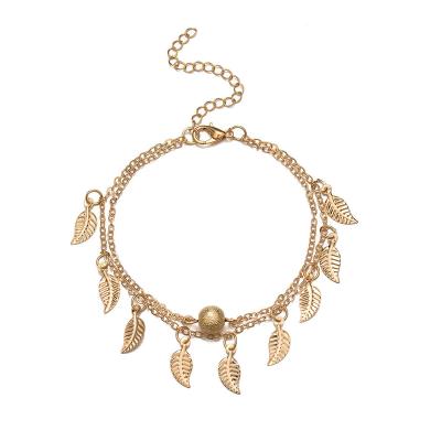 China CLASSIC Factory Stock Double Layer Pendant Anklet Frosted Beads Leaves Fringed Foot Ornaments Delicate Jewelry For Women And Girls for sale