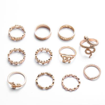 China Factory 11Pcs/set Punk Action Rings Retro Ring Full Diamond Snake-Shaped Oil Punk Creative Vintage Gold Drip Geometric Jewelry for sale