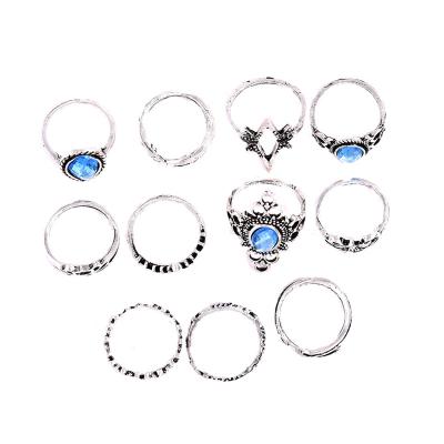 China Factory Stock 11 Pcs Ring Sets Diamonds Retro Punk Gemstone Six-pointed Water Drop Crown Shaped Rings Vintage Silver Jewelry for sale