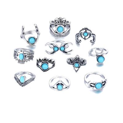 China Factory Stock 11-Piece Punk Ring Set Vintage Silver Turquoise Crescent Owl Resin Rings Exaggerated Personalized Jewelry for sale