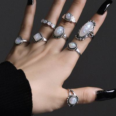 China Factory Stock 8 Pcs Punk Ring Set With Large Gem Pieces Irregular Geometric Antique Silver Ring Set Costume for sale