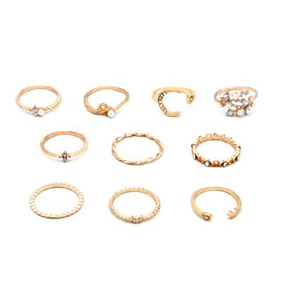 China Factory CLASSIC Stock 10 Pieces Rings Set Moon Star Diamond Love Pearl Leaf Shaped Rings Fashionable Gold Plated Gemstone Rings for sale