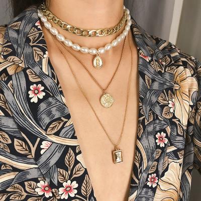 China FASHIONABLE Vintage Multilayer Necklace with Coin Portrait Crystal Pearl Link Chain Trendy Geometric Necklace for Women and Girls for sale