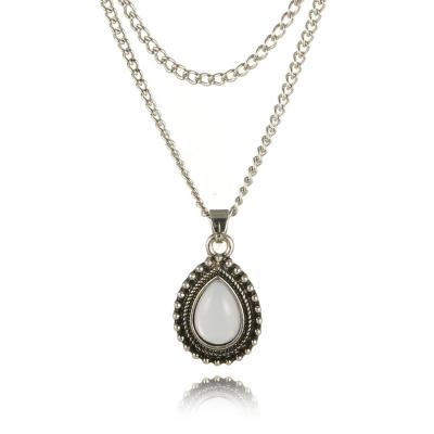 China Fashion Factory Multi Layer Stock Vintage Silver Necklace With Drop Oval Stone Pendant Simple Classic Jewelry Gift for sale