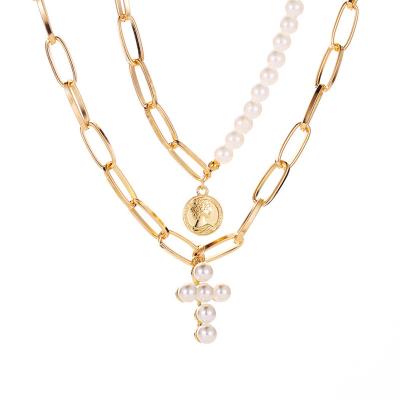 China FASHIONABLE Wholesale Multi Layer Pendant Necklace with Coin Pearl Cross Pendants and Link Chain Necklace Baroque Style Neck Jewelry for sale