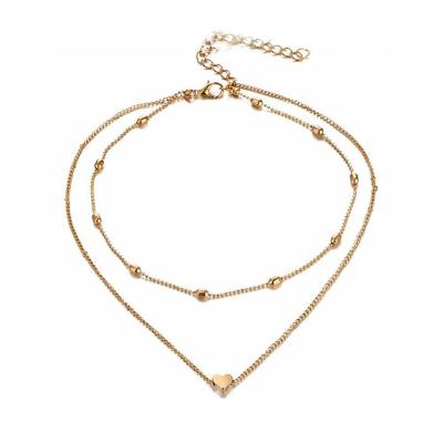 China Cute Factory Double Layer Chocker Running Necklace With Cute Heart Simple Pendant Gold Plated Clavicle Chain Necklace for sale