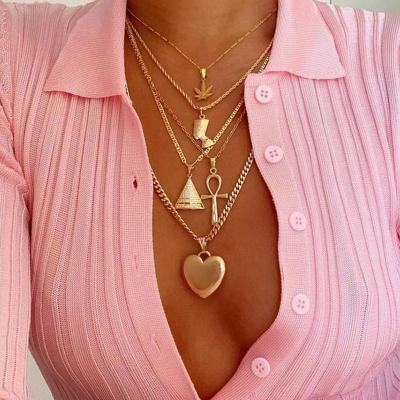 China Ethnic Wholesale Multilayer Element Pendant Necklace Pyramid Heart Pendants Necklace Ethnic Egyptian Gold Plated Chain Jewelry for sale