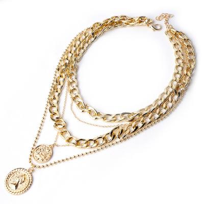 China Factory TRENDY Stock Multilayer Necklace With Chains Portrait Coin Pendant Thick And Thin Gold / Silver Plated Necklace for sale