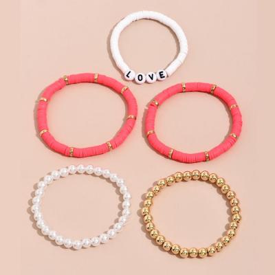 China BOHEMIA Factory Running Beaded Colorful Bead Elastic Bracelet Sets Bracelets 5pcs/set Clay Beads Love Letters Boho for sale