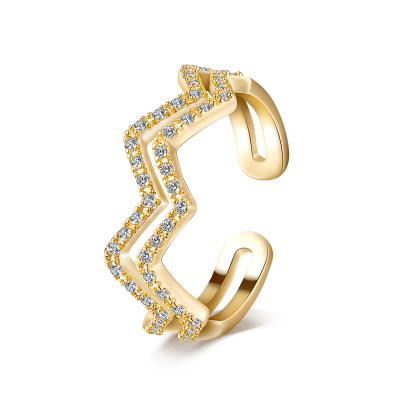 China Vintage Gold Plated Electrocardiogram Ring Wave Shaped Open Rings Double Layer Geometric Cubic Zircon Copper Band Ring For Women for sale