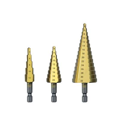 China Hss 3pc 4-12mm Nonferrous Metal Titanium Triangle Shank Step Drill Bit Set For Metal Wood Drilling for sale