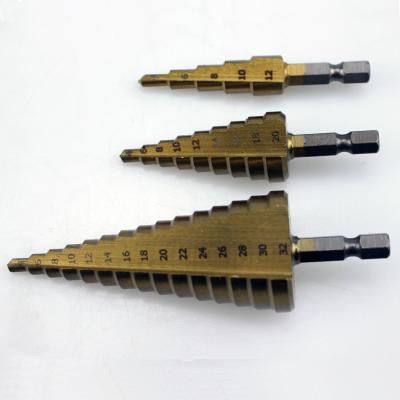 China Nonferrous Metal 4-12/20/32mm Flute Handle Titanium Triangular Step Drill Bit For Sheet Metal Drilling for sale