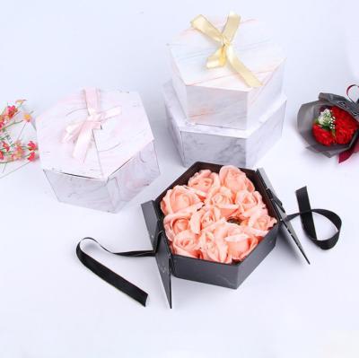 China Handmade Hexagon Black Pattern Gift Wrapping Valentine's Day Mother's Day Father's Day Birthday White Marble Gift Box for sale