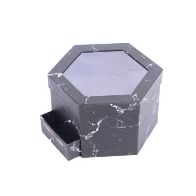 China Double Layer Handmade Hexagon Wholesale Custom Black Marble Printing Gift Box With Drawer Case And PVC Window for sale