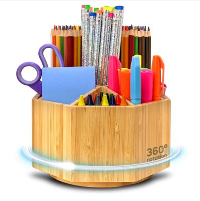 China Durable Work Pen Holder For Desk 325+ Bamboo Rotating Pencil Stand Pen Organizer With 9 Compartments Rotate Desktop Pencil Organizer for sale