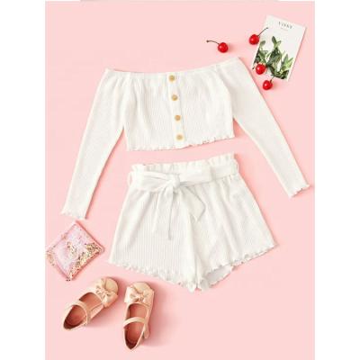 China Casual Girls Button Front Tee And Paper Bag Waist Skirt Set Zero Size Baby Clothes for sale