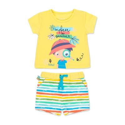 China Casual Yellow Sun Print Short Sleeve Baby Boy Girls Clothing Toddler Kids Top T-shirt Shorts Two Piece Set for sale