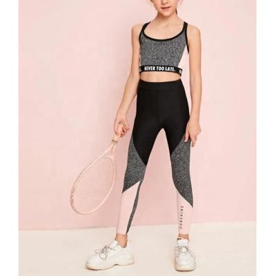 China Girls Casual Slogan Stripe Detail Marled Panel Top and Leggings Set Clothes Girls 2 Pcs Kids Legging Sets for sale