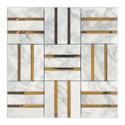 China White Parquet Carrara Gold Marble Decorative Mosaic Bathroom Backdrop Wall Tile for sale