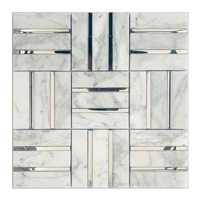 China White Parquet Italy Carrara Marble Slabs Mosaic With Plated Silver Glass Stick Embedded for sale