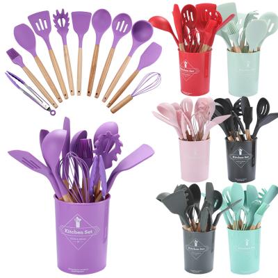 China Viable Wholesale 12 Pieces In 1 Set Kitchen Accessories Cooking Tools Kitchenware Silicone Kitchen Utensils With Wooden Handles for sale