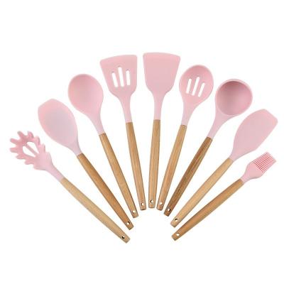 China Viable Top Selling Wooden 4-Color Handle Cooking Tools Accessories Instruments Silicone Kitchen Utensil Set for sale