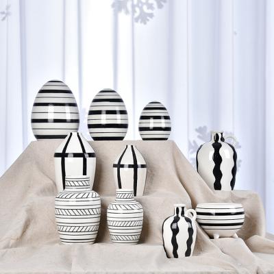 China Hot Sale Modern Design Minimalist Vase White Black Stripes Handmade Ceramic Vase For Home Decoration for sale