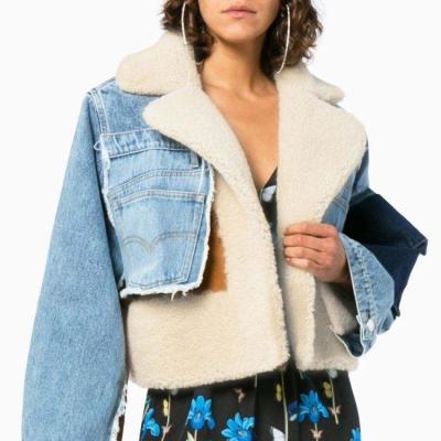 China New Arrival QUICK DRY Ladies Shear Denim Patchwork Faux Fur Coat Thick Long Sleeve Winter Biker Jacket for sale