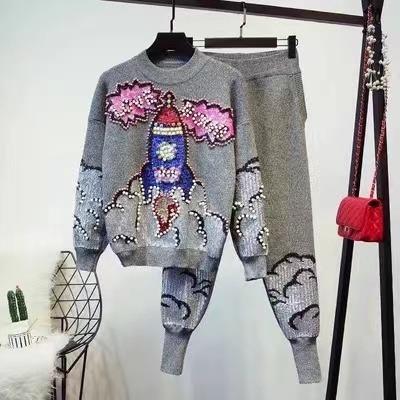 China Autumn New QUICK DRY Women'S Clothing Sequins Beaded Flower Jacket Loose Long Sleeve Broken Women's Casual Pants Set for sale