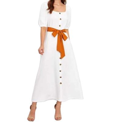 China Single Elegant Woman Maxi Dress With Belt Anti-Static Square Breasted Shorts Puff Sleeve for sale