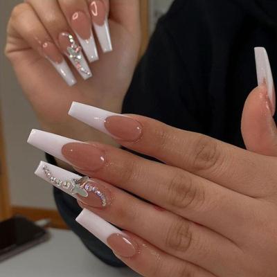 China Easy Apply JP1934 Ballet Style Super Long Nail French European And American Butterfly Diamond Bridal Press On Nails for sale