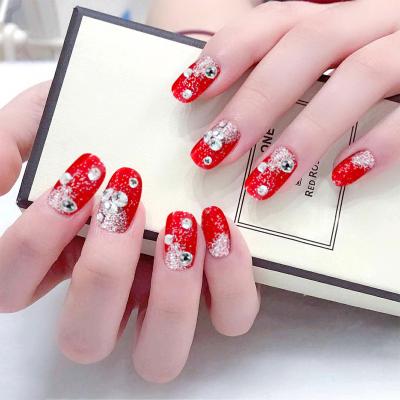 China Easy Apply Bridal Style JP216 Press On Nail Powder Long Square Red Diamond Head Fake Nails Shiny Bride Nail for sale