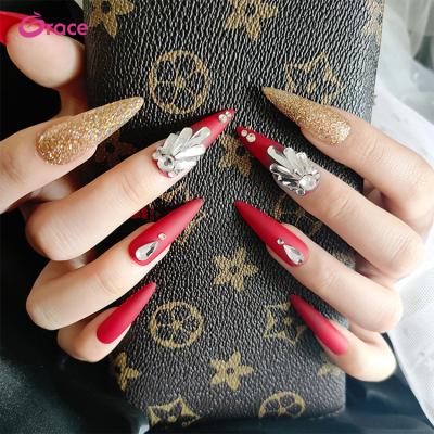 China Easy Apply Long Wine Red JP1314 Pointed Glitter Powder False Nail With Diamond Press On Nail Style Bridal Nails For Bride for sale