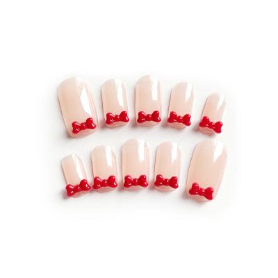 China DIY Nail Art X7 Removable Red Bow Fake Nail Coffin Ballet Long Press On Back Style Fake Nails New Design Glue Nail for sale