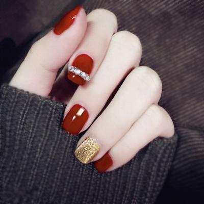 China DIY Nail Art B39 Dark Red And Gold Natural White French Manicure False Nail Tips With Zircon Fashion Fake Press On Nails for sale