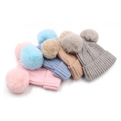 China COMMON gray knit soft woven fur pom knit hat winter accessories baby pom pom hat for sale