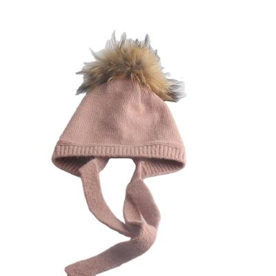 China Real Raccoon Image Furpompom Baby Hats Removable Winter Newborn Boy Infant Black Knit Hat for sale