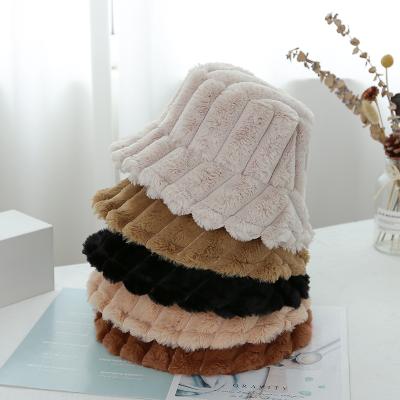 China Winter Barred Bucket Hat Added Faux Fur Fisherman Hat Striped Flat Top Hat for sale