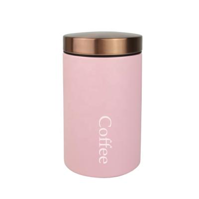 China Freshness Keeping Kitchen Storage Bangs Sugar Coffee Tea Canisters Metal Iron Home Kitchen Storage Pink with Rose Gold Lid for sale