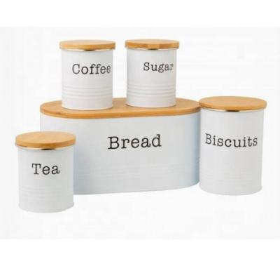 China 5 Set Metal Powder Coated Kitchen Storage Box Viable Sugar Coffee Canister Bread Bin Black Tea With Bamboo Lid for sale