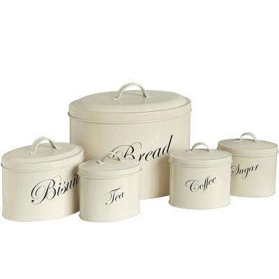 China 5 Set Metal Powder Coated Kitchen Storage Box Tea Sugar Coffee Canister Bread Bin Viable Black SE for sale