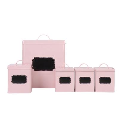 China 5 Set Metal Powder Coated Kitchen Storage Box Tea Sugar Coffee Canister Bread Bin Viable Black SE for sale