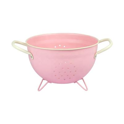 China Viable Metal Galvanized Fruit Basket Colander Kitchen Washing Round Shape With Punch Hole Enamel Metal Base Coloful Handle for sale