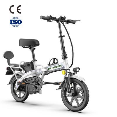 China Aluminum Alloy Adult 14 Inch E-bike 350w 48v Lithium Battery Demountable Mini Folding Electric Bicycle 2 Seat Electric Folding Bike for sale