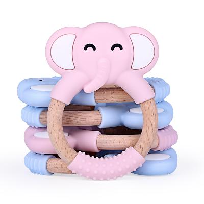 China New Custom Made Wooden Baby Non-Toxic Non-Toxic Teether, Baby Ring Teether Elephant Silicone Sensory Toy for sale